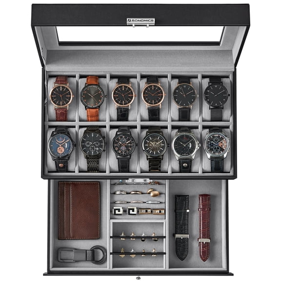 SONGMICS Caja de Relojes de 2 Niveles, Estuche para 12 Relojes, Tapa de Cristal, con Cerradura, Cuero Sintético Negro y Forro Gris
