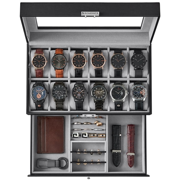 SONGMICS Caja de Relojes de 2 Niveles, Estuche para 12 Relojes, Tapa de Cristal, con Cerradura, Cuero Sintético Negro y Forro Gris