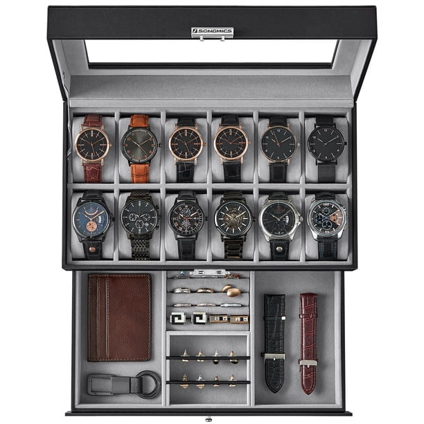 SONGMICS Caja de Relojes de 2 Niveles, Estuche para 12 Relojes, Tapa de Cristal, con Cerradura, Cuero Sintético Negro y Forro Gris