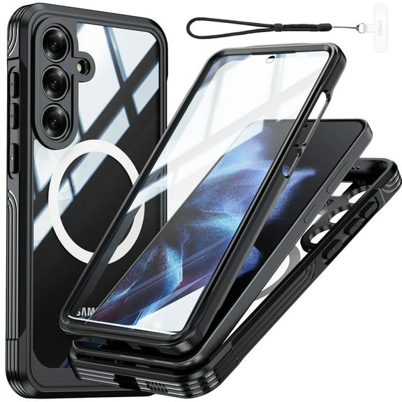 Dteck Case with Wrist Strap for Samsung Galaxy S25 FE,360° Full Body Case Built-in HD Touch Sensitive Screen Protector Compatible with MagSafe Shockproof Clear Back Cover,Black