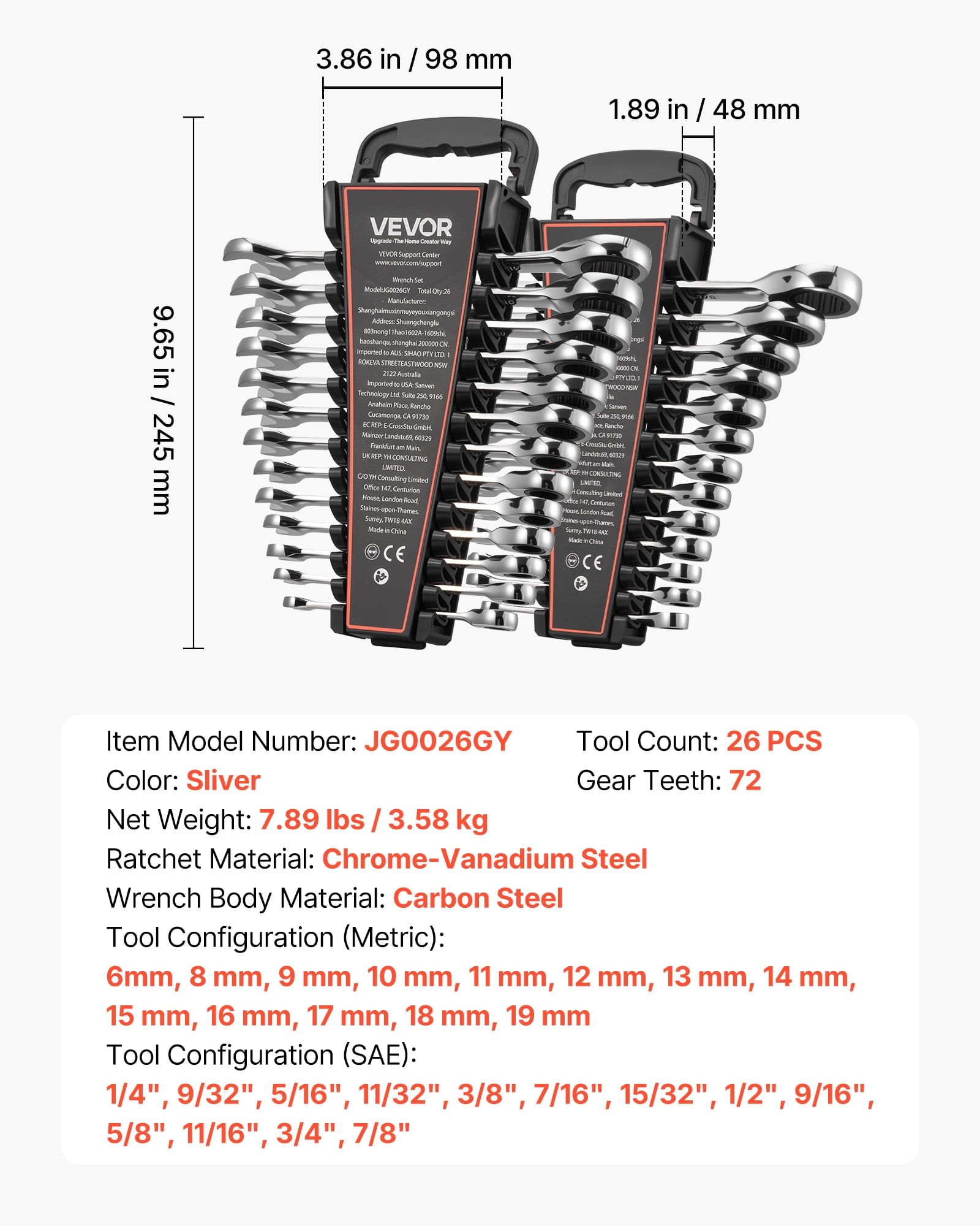 VEVOR Combination Wrench Set, 26-Piece SAE and Metric, 72 Teeth, Cr-V Steel Ratcheting Wrench Set, with Rack Organizer, Open End, Clear Size Labels, for General Household, Automotive Repairs, Silver