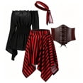 thumbnail image 5 of Fortwear Women Pirate Costume 4-Piece Set, Off Shoulder Bell Sleeve Top, Striped Irregular Skirt, Corset Waistband & Headband, Halloween Cosplay Outfit, 5 of 9