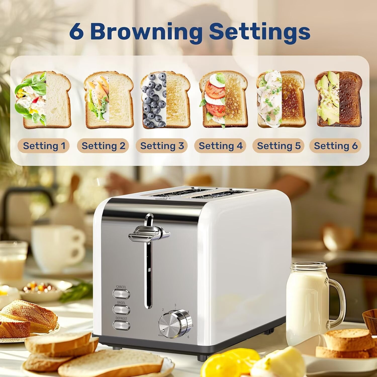 YSSOA Stainless Steel 2 Slice Toaster, 6 Browning Setting and Bagel/Defrost/Cancel Functions, Retro Compact Oven, Extra Wide Slot, Removable Crumb Tray, White