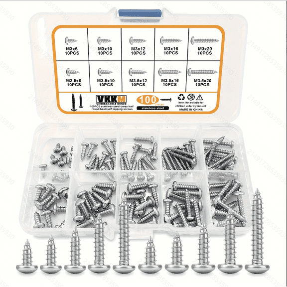 100Pcs Stainless Steel Self Tapping Screws Assortment Kit, M3/M3.5 * 6/10/12/16/20mm Pan Head Phillips Drive Wood Screws Set
