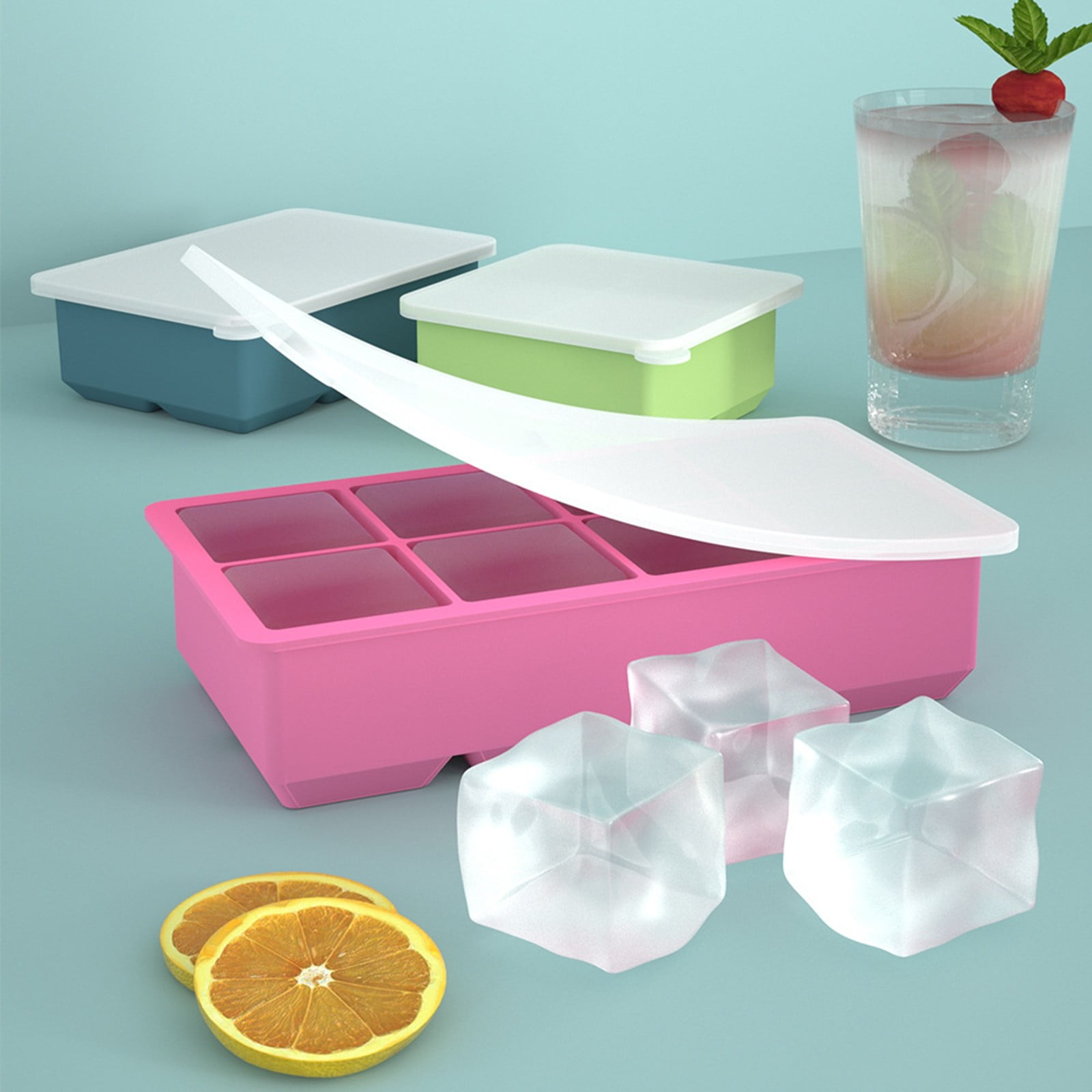 4-Pack Silicone Ice Cube Trays with Lids - Large Square Ice Molds for Cocktails, Stackable Leakproof Freezer Trays, BPA-Free Flexible Cube Maker for Bourbon & Drinks