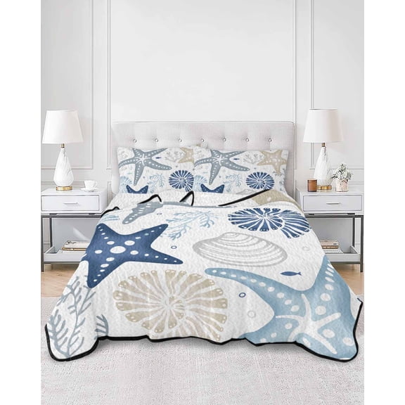 Quilts Twin Size, Blue Starfish Coastal Soft Comforter Bedding Set for Bed, Summer Beach Nautical Coral Sea Lightweight Quilted Bedspread with Pillow Cover(2 Pieces) for All Season, 68x86 Inch