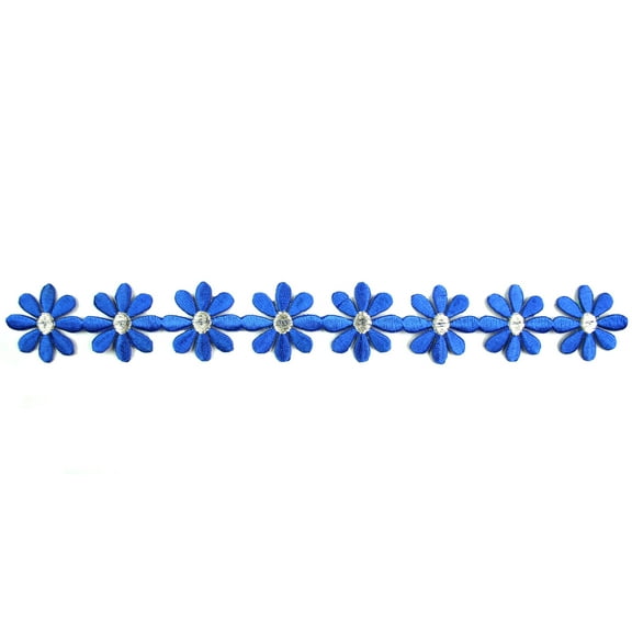 1.25" Royal Blue/Silver center Iron on Embroidered Lace Trim by yard