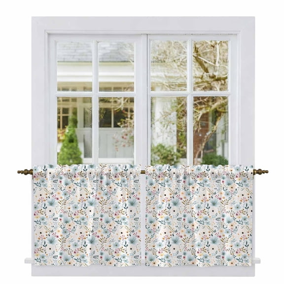 Pastoral Botanical Tier Curtains, Watercolor Teal Yellow Spring Floral Light Filtering Kitchen Curtains, 2Pcs Rod Pocket Half Window Treatments Panels for Sink Cafe Cabinet Camper 27.5x36 Inches