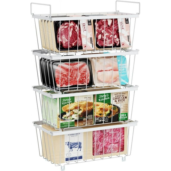 Freezer Organizer Bins - 4 Pack Small Stackable Deep Freezer Organizer Bins for 7 Cu.Ft Freezers Easy Get Bottom Foods without Digging, Chest Freezer Organizer Prevent Frozen Food Waste, White