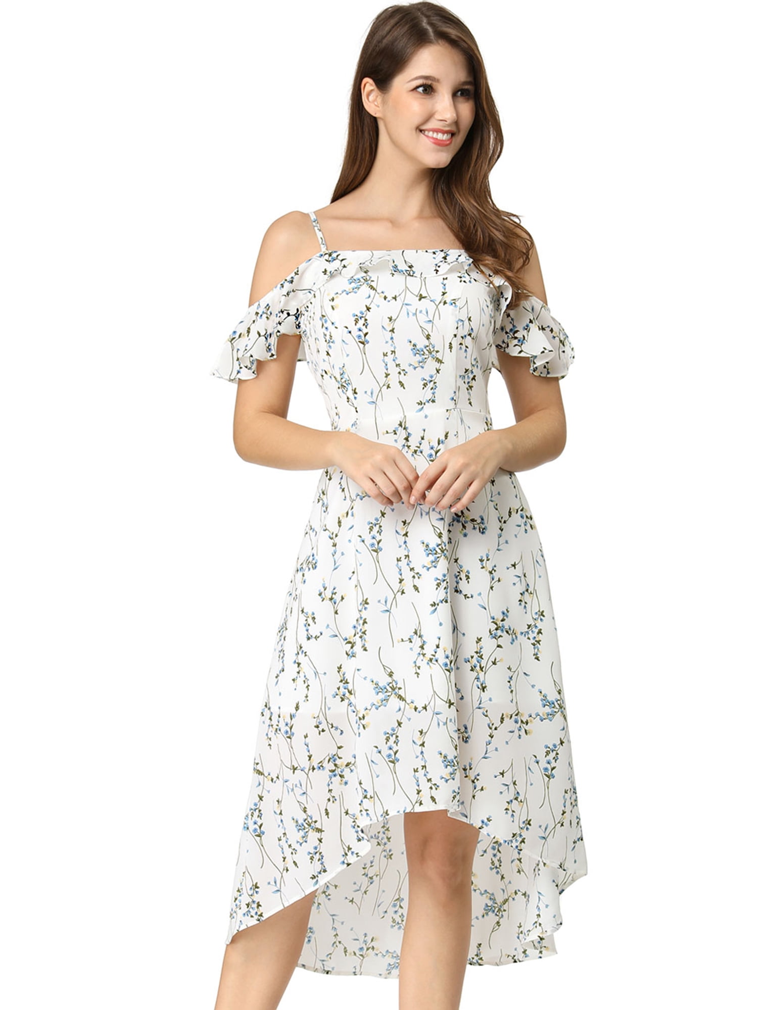 DARING DIVA Floral Spaghetti Straps Ruffled Sleeve Midi Dress XL White Blue