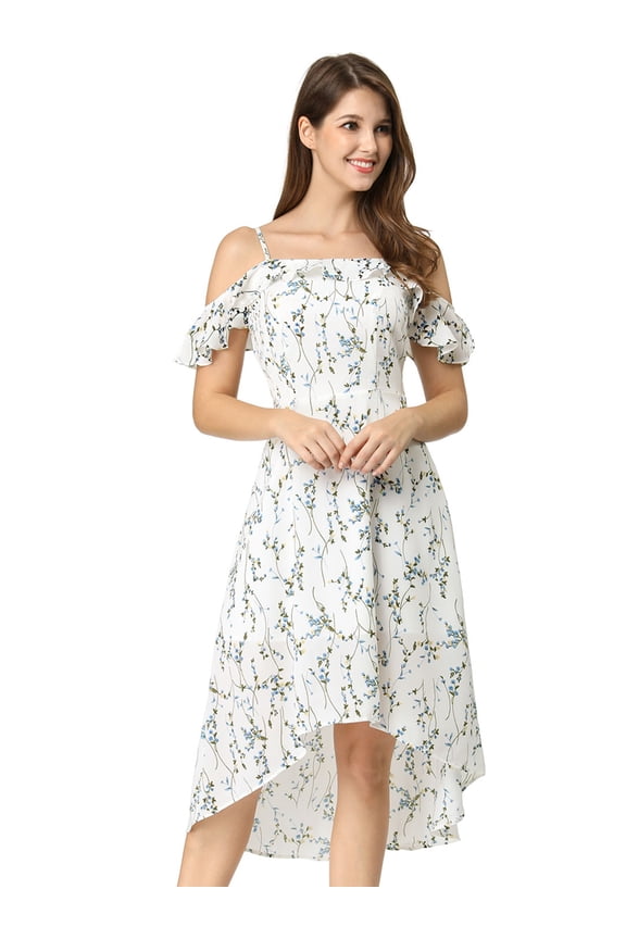 Women's Spaghatti Straps Ruffled a-Line Midi Floral Dresses XS White Blue