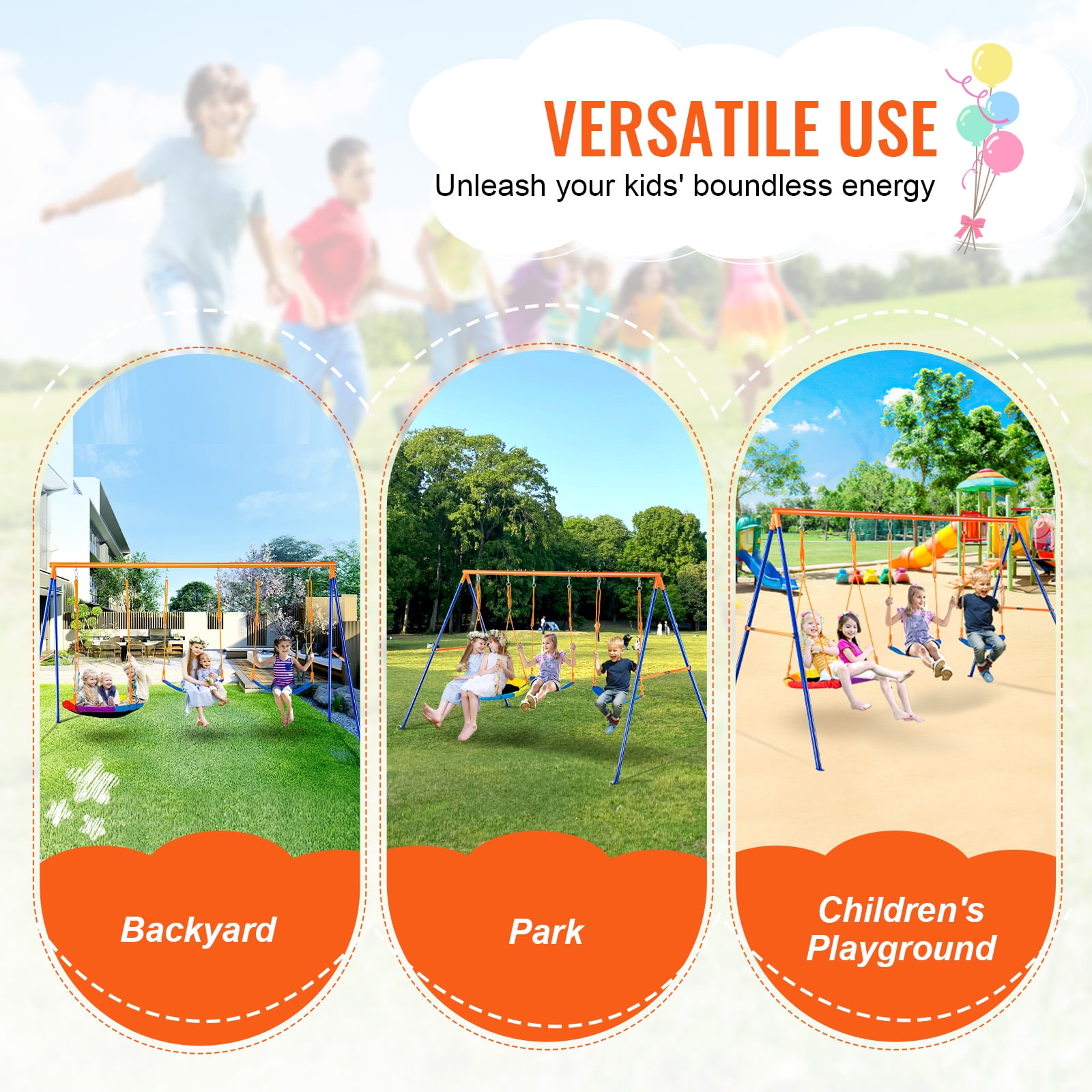 KFFKFF Outdoor Swing Set for Children, Capable of Supporting 600lbs, Includes 1 Round Swing Chair, 2 Strap Swing Seats, Robust A-Shape Metal Swing Frame and Modifiable Rope, Kids' Backyard Swingset