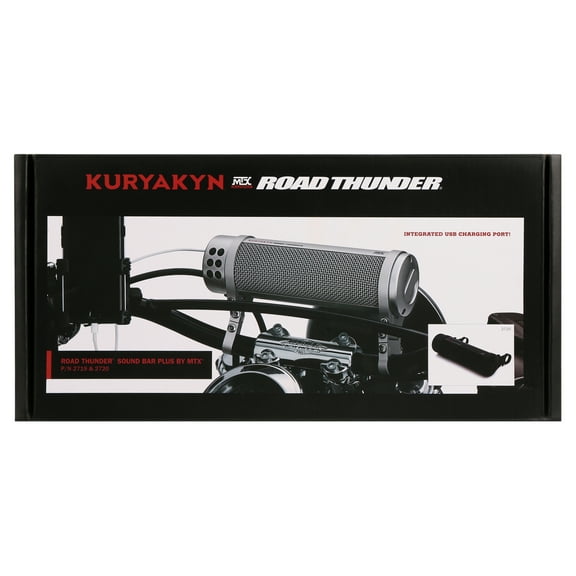 Kuryakyn 2720 MTX Road Thunder Weather Resistant Motorcycle Sound Bar Plus: 300 Watt Handlebar Mounted Audio Speakers with Bluetooth, USB Power Charger, Satin Black
