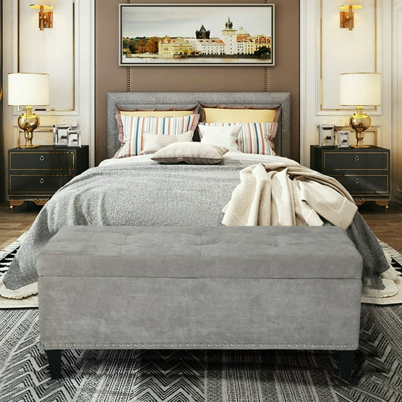 Joveco Rectangle Fabric Storage Ottoman Bench with Solid Wood Legs for Bedroom Light Gray