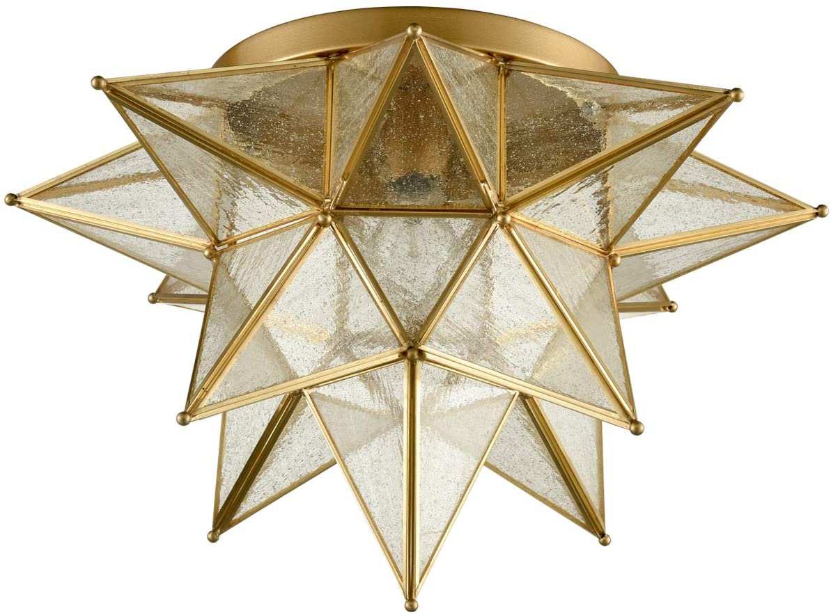 Brass Moravian Star Ceiling Light Seeded Glass 18-Inch