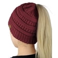 thumbnail image 2 of C.C BeanieTail Soft Stretch Cable Knit Messy High Bun Ponytail Beanie Hat, Maroon, 2 of 4
