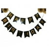 Black And Gold Foil Happy Birthday Bunting Banner. Black And Gold Shimmer Hanging Birthday Party Decorations And Party Supplies. By Premium Disposables.