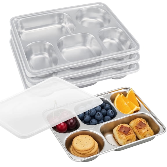 4 Pcs Stainless Steel Bento Plates - 5-Compartment Lunch Box with Lid | Reusable Divided Snack Container, Food Safety Fruits Trays, Leak-Proof Food Storage Container for Work Meals, Picnic