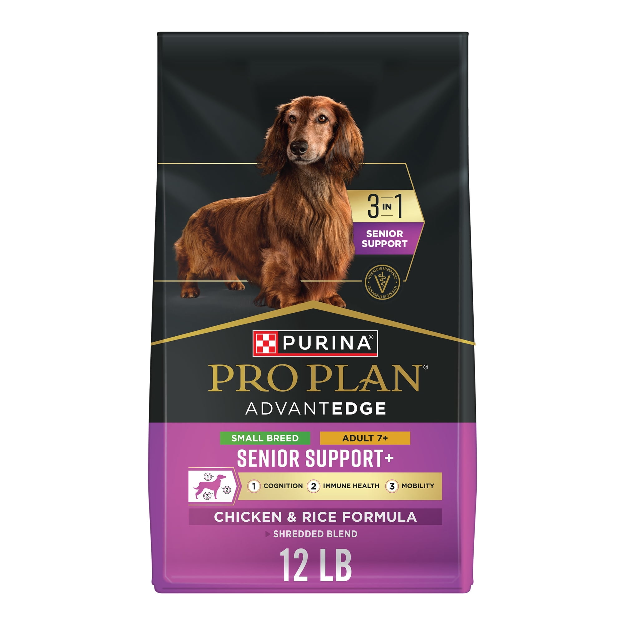 Purina Pro Plan AdvantEDGE Senior Support Plus Small Breed Shredded Blend Chicken and Rice Formula Dry Dog Food, 12 lb Bag