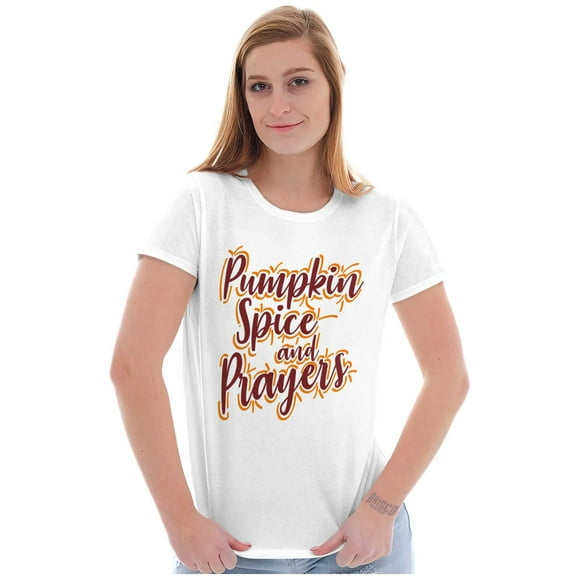 Cute Fall Pumpkin Spice and Prayers Womens Slim Fit Graphic Tee Brisco Brands X