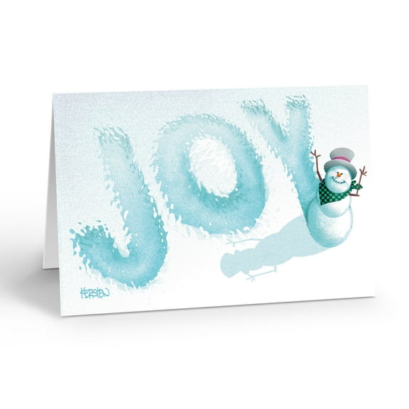Joy! Snowman Writes Joy In Snow Holiday Card - 18 Funny Christmas Cards - 20019