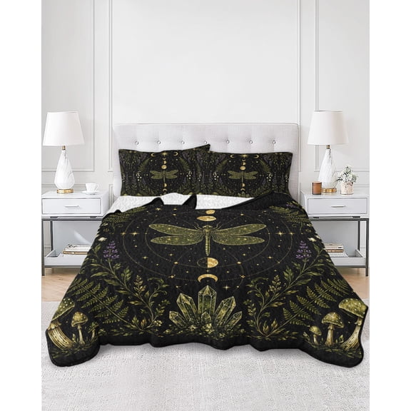Quilts Full Size, Mystic Dragonfly Soft Comforter Bedding Set for Bed, Black Golden Moon Stars Flowers Leaves Lightweight Quilted Bedspread with Pillow Cover(2 Pieces) for All Season, 78x90 Inch
