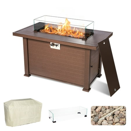 SinglyFire 44 inch Propane Fire Pit Table for Outside Gas Fire Pits Table Outdoor Propane Firepit Rectangular Gas 50000 BTU Steel with Wind Guard Lid Cover Rock Stone for Deck Patio Garden Camping