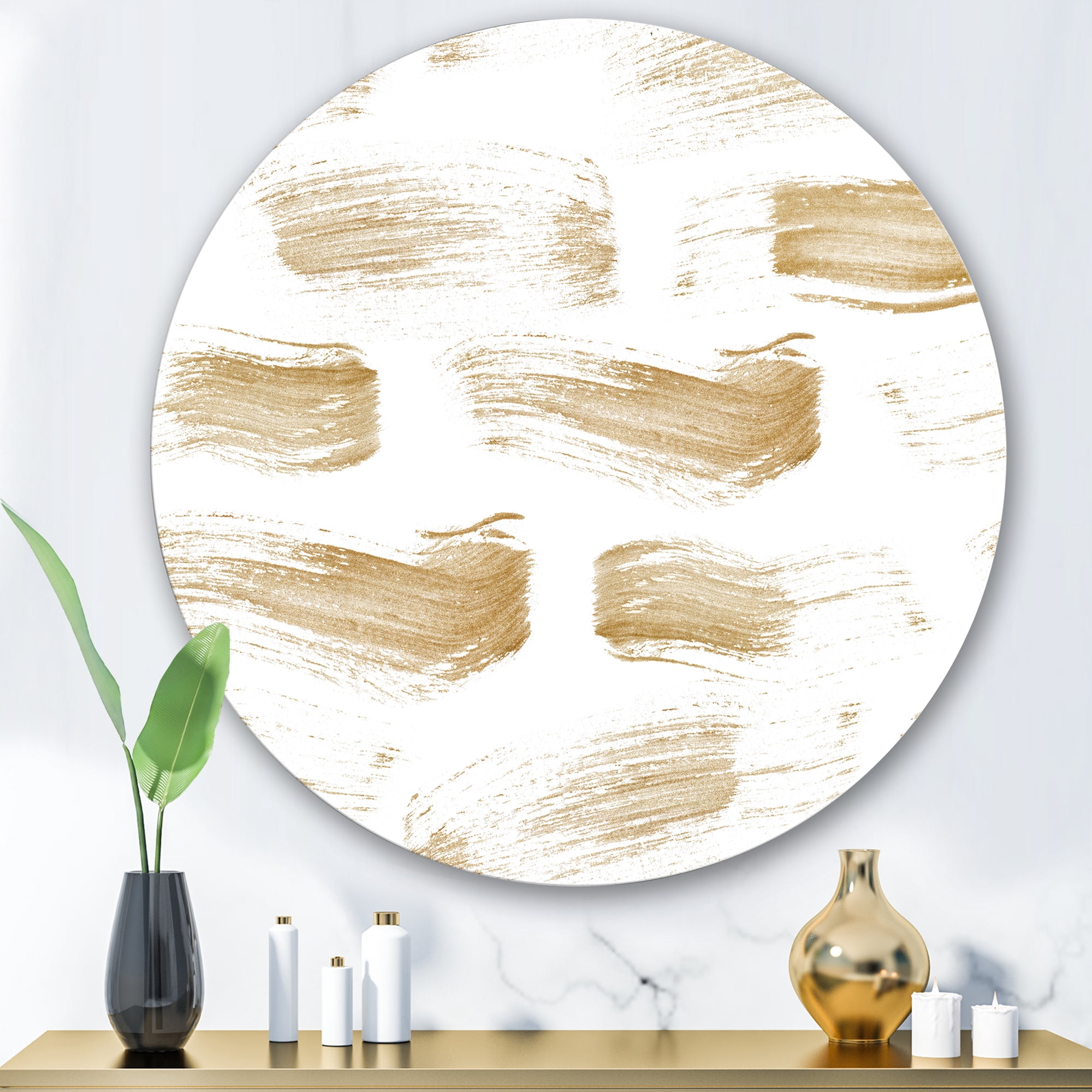 Designart 'Golden Abstract Brush Strokes' Modern Circle Metal Wall Art 29x29 - Disc of 29