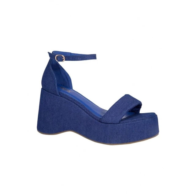Sandalias de tacón corrido y plataforma de mezclilla y correa ajustable de unicolor para mujer