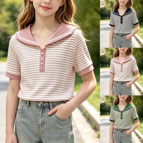 Girls Nautical Striped Sailor Collar T-Shirt, Short Sleeve Retro Casual Top for Girls, Ideal for Summer Outings & Casual Wear Pink 12 Years