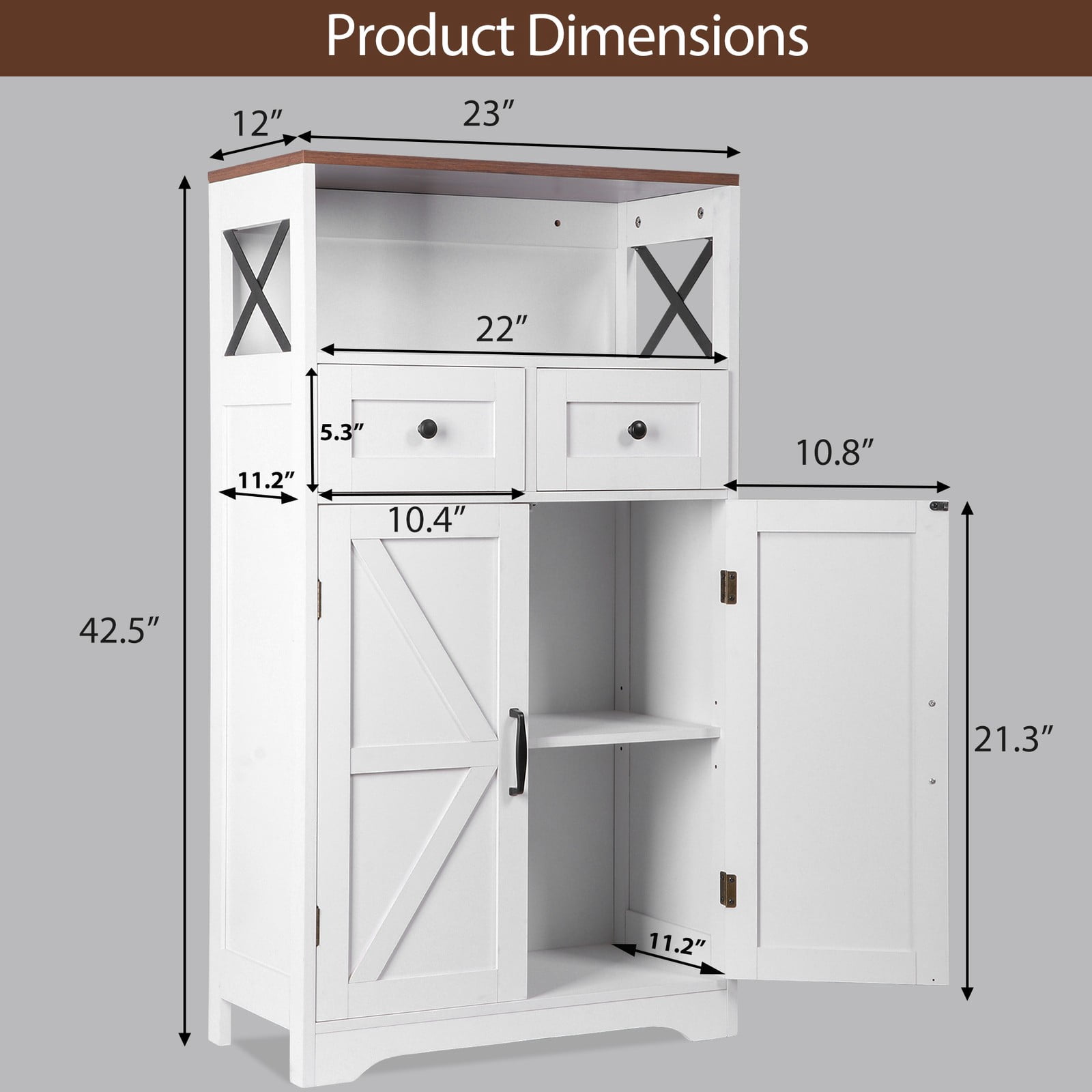 WDZS Farmhouse White Storage Cabinet with Doors and Drawers, Freestanding Kitchen Pantry Cabinet, Floor Storage Cabinet Hutch Cupboard for Kitchen/Laundry/Living Room/Bedroom