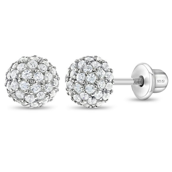 Large Ball of Gems CZ Kids / Girls Earrings Screw Back - Sterling Silver