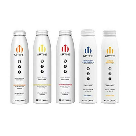 UPTIME Premium Natural Caffeine, Sparkling Energy Drink, Mutli-Flavor Variety, 12oz Bottles with Oasis Snacks Sticker (5 Flavor Variety (Sugar Free), Pack of 5)