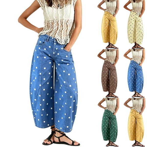 Women's 2026 Polka Dot Pattern Barrel Jeans Boyfriend Y2K Casual Wide Leg Denim Pants Fluorescence Yellow L