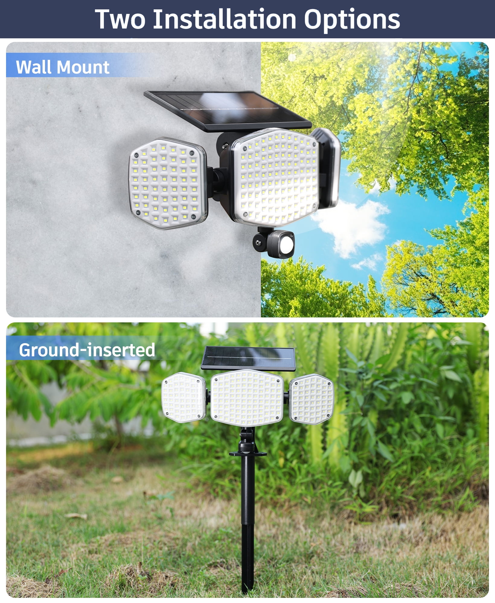 HAARAY Solar Motion Sensor Outdoor Lights 2500LM with Ground Stake, 3-Head Adjustable 208 LED Solar Wall Security Flood Light 270° Beam Angle for Outside Porch Yard Garage, IP65 Waterproof, 1 Pack