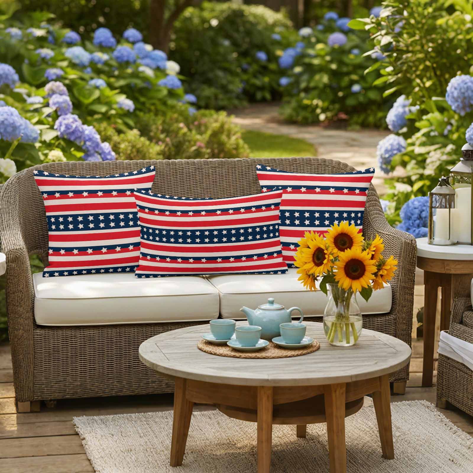 4th of July Outdoor Waterproof Throw Pillow Covers Set of 2 Patriotic Stars Stripes Pillowcases Outdoor Pillows Cushion Case 18x18 Inch Red White Blue Striped Patio Pillows for Couch Sofa Bed Garden