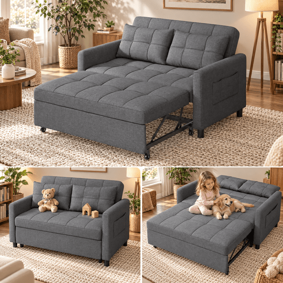 3-in-1 Convertible Sleeper Sofa Bed, Gizoon Pull Out Loveseat Couch with Adjustable Backrest, Linen Fabric, for Small Spaces Guest Room Apartment, Dark Gray