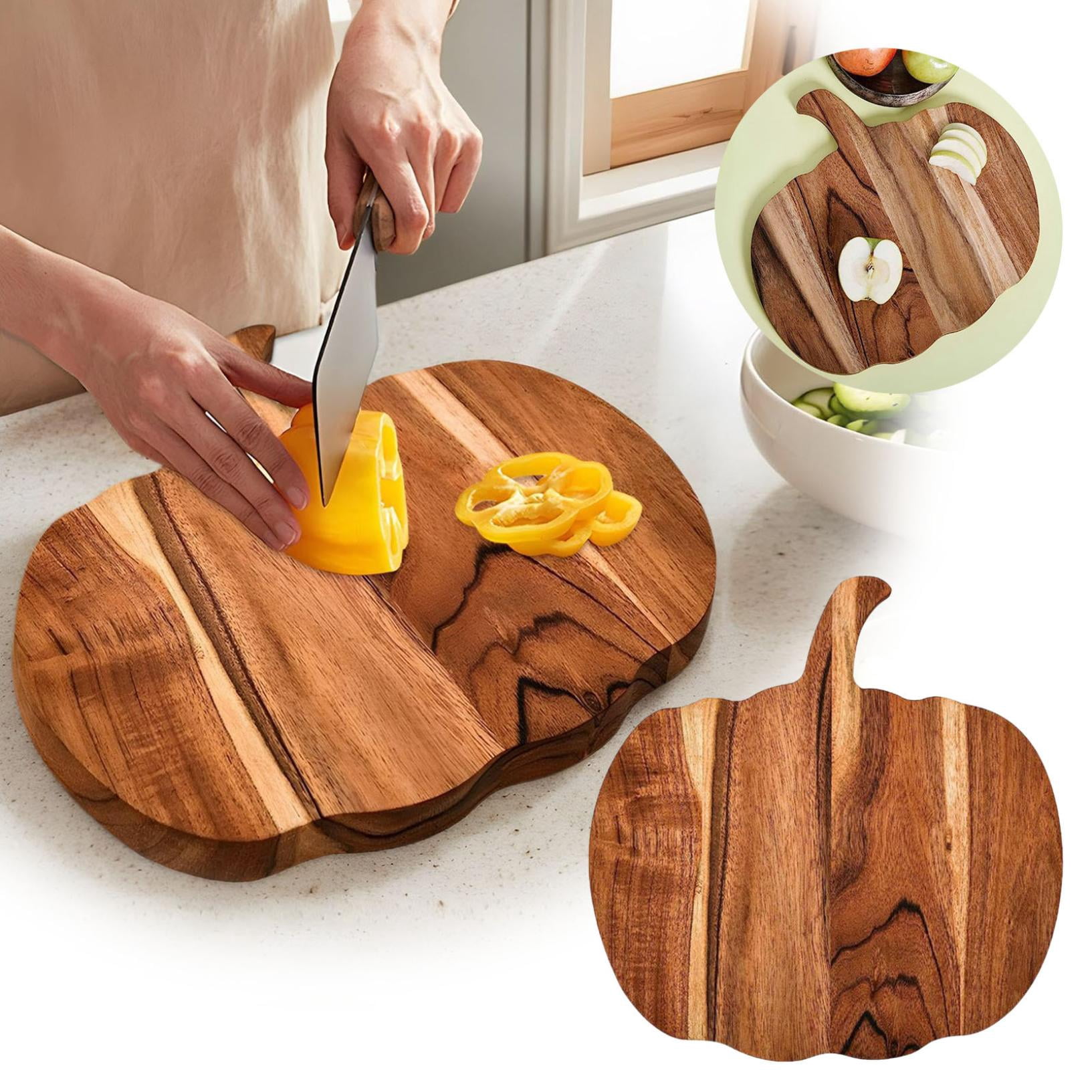 Pumpkin Shaped Wood Cutting Board, Fruit Bread Steak Cheese Turkey Serving Platter, Gothic Cutting Boards with Handle, for Halloween Thanksgiving Kitchen Decoration