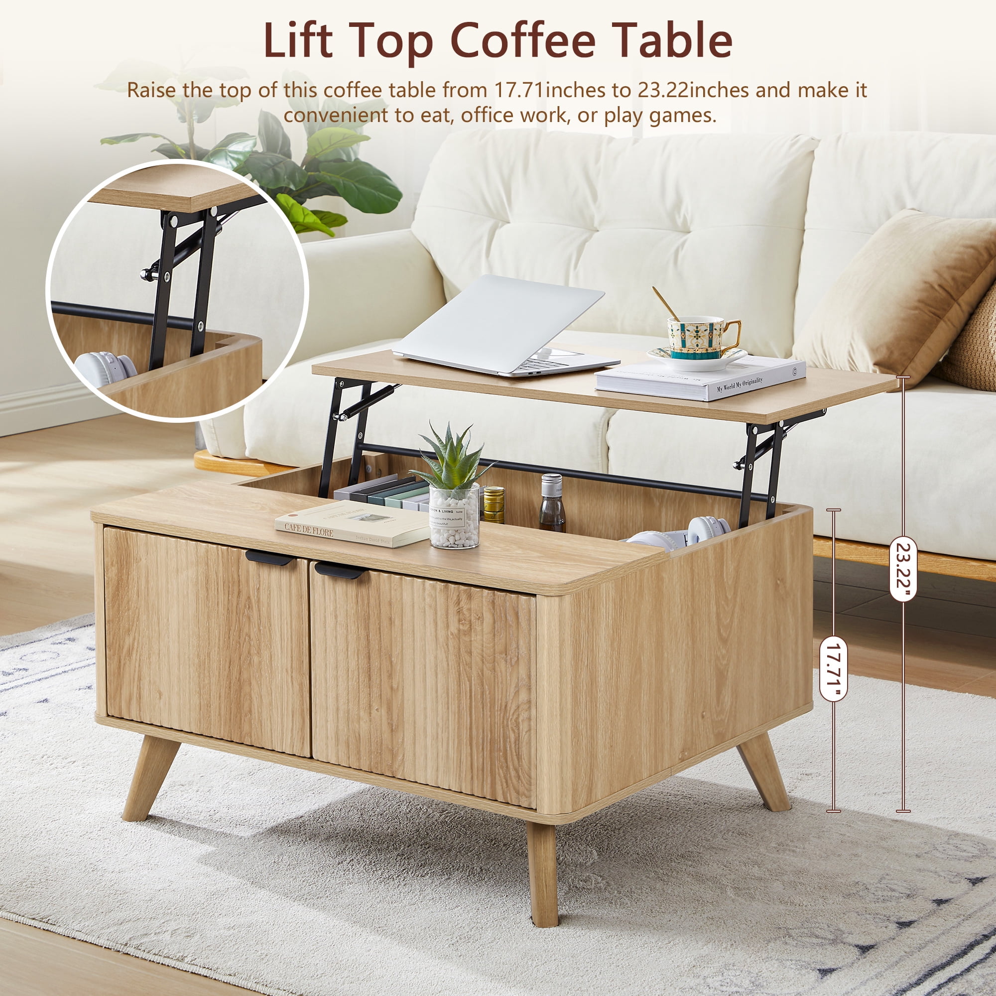 PHOYAL Wood Lift Top Coffee Table with Hidden Compartments for Storage, Fluted Square Coffee Table with 2 Doors for Living Room, Natural