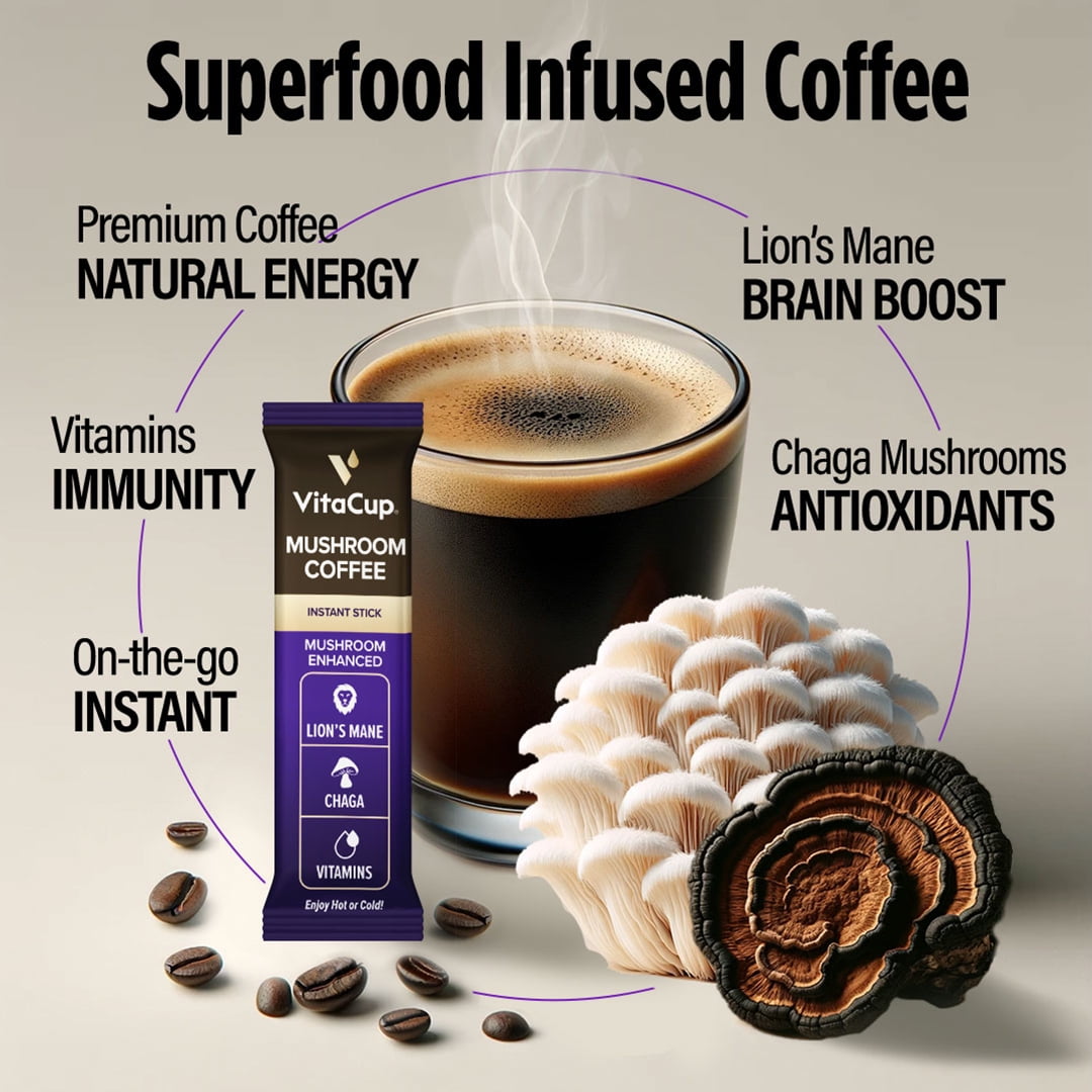 VitaCup Mushroom Coffee Instant Packets, w/ Fiber, Chaga, Lion?s Mane, 24 Ct