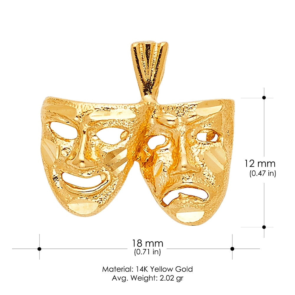 Ioka 14K Yellow Gold Performing Arts Mask Charm Pendant For Necklace or Chain