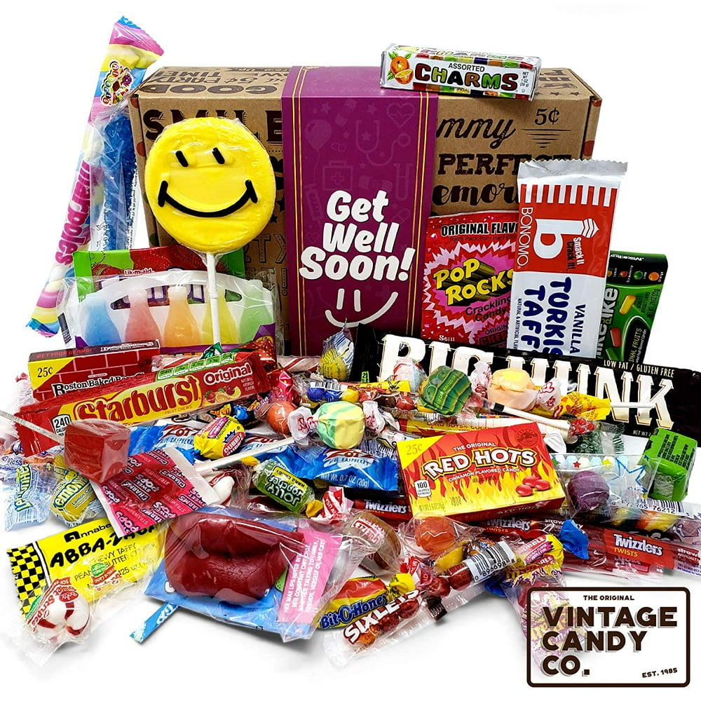 GET WELL SOON FEEL BETTER CARE PACKAGE Nostalgic Decade Candies GIFT BOX Fun Gag Gift Basket