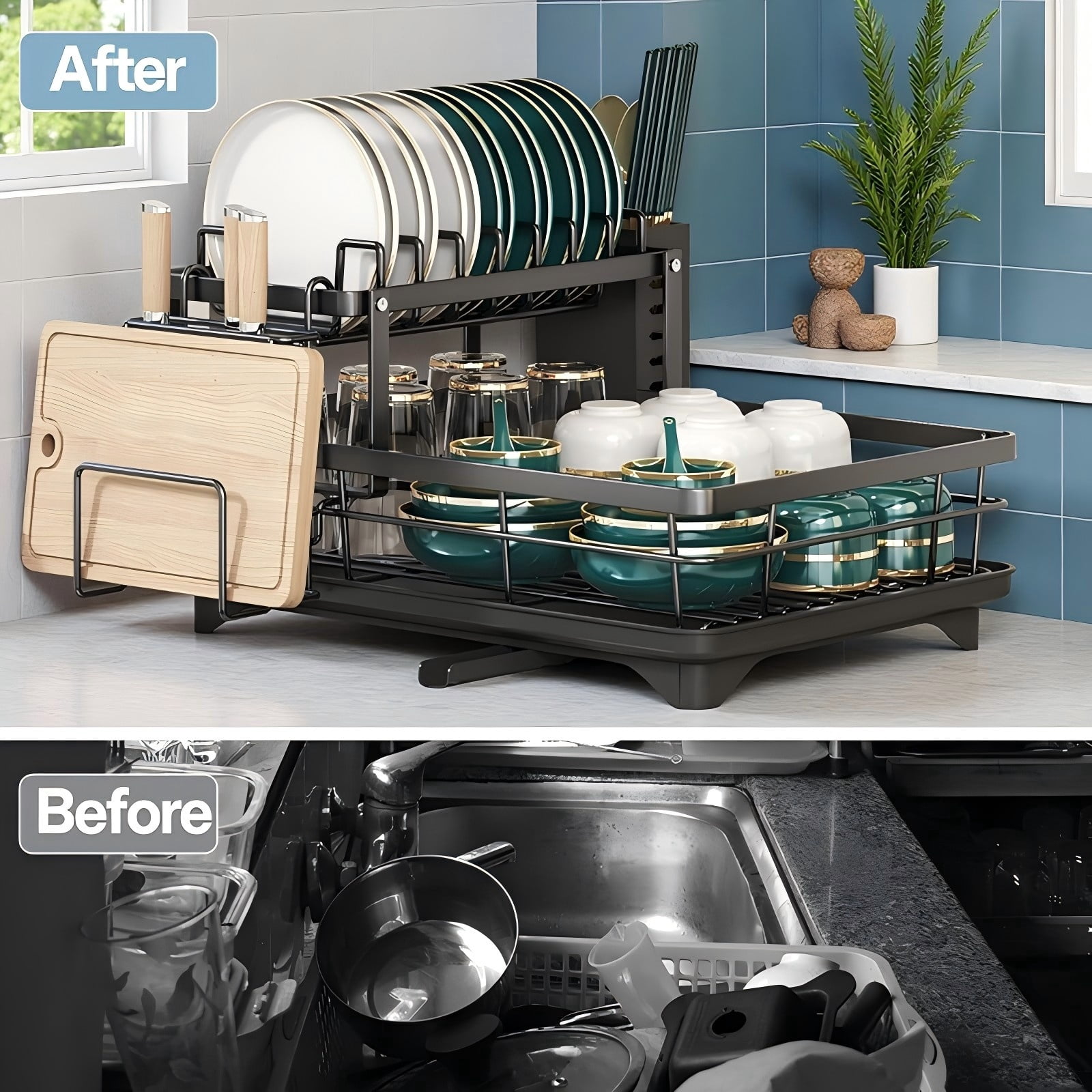 Asnews 2-Tier Kitchen Dish Drying Rack, Carbon Steel Large Capacity Dish Rack with Utensil Holder & Cutting Board Slot, Space-Saving Racks&nbsp;for&nbsp;Kitchen&nbsp;Counter, Black