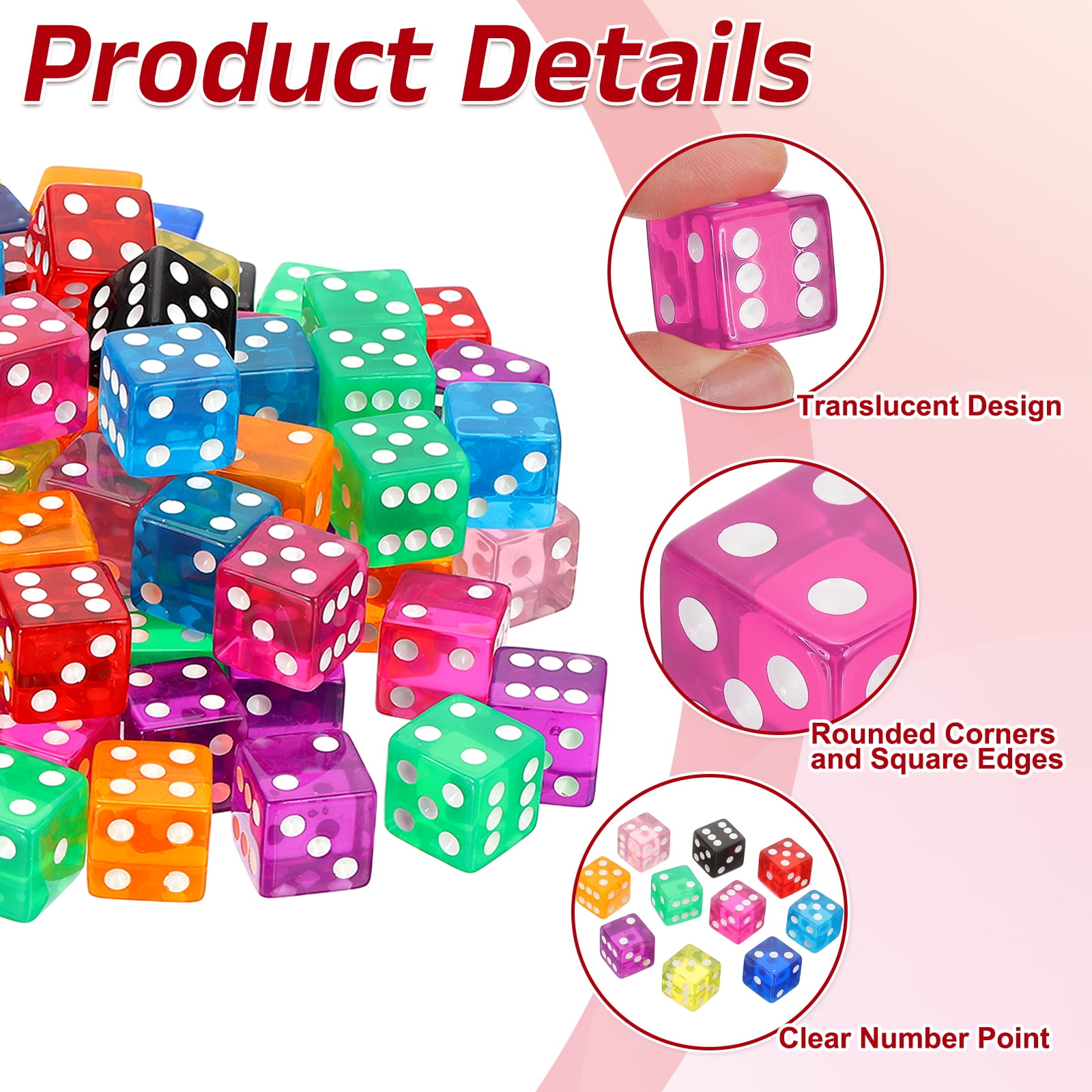 100Pack 19mm/0.75" Acrylic Translucent Rounded Edge D6 Dice, Pink