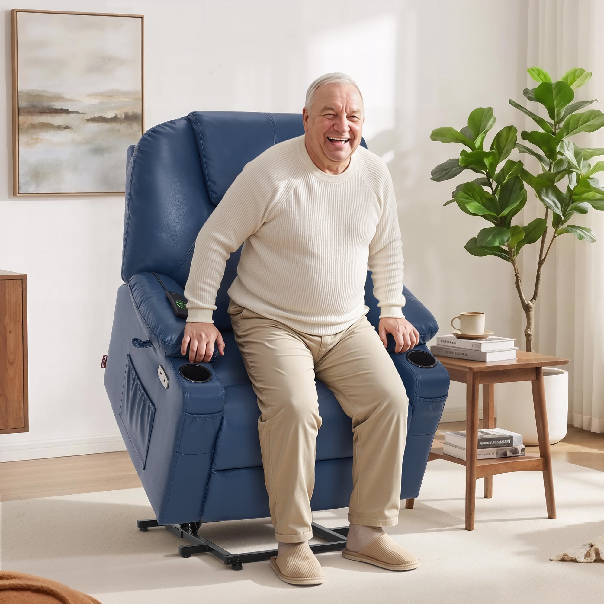 MCombo Large-Wide Power Lift Recliner Chair Sofa with Massage and Heat for Elderly People, Cup Holders, USB&Type C Ports, Side Pockets, Faux Leather (Blue, Large-Wide)