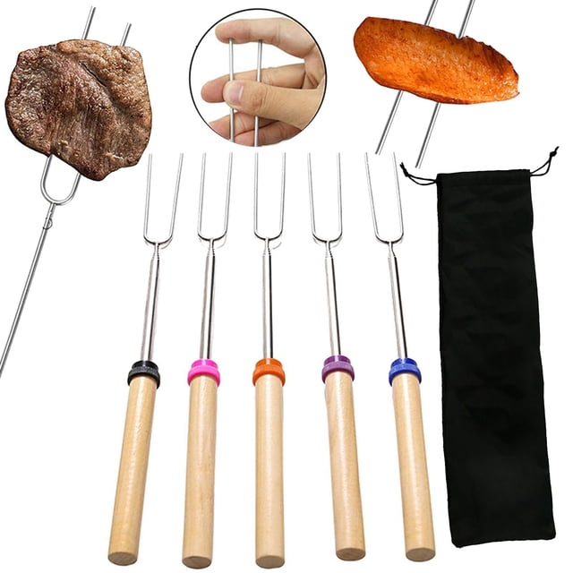Tenedor de barbacoa Adzgya para asar, paquete de 5, palos extensibles para asar, brochetas telescópicas para malvaviscos, tenedores para perritos calientes con mango de madera para fuego, kit de