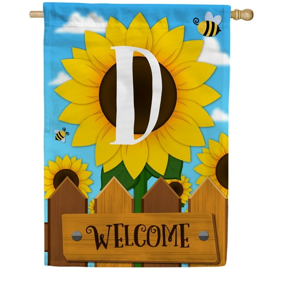 America Forever Spring Monogram House Flag Letter D 28 X 40 inches Double Sided Vertical Outdoor, Yard, Lawn, Beautiful Bright Sunlowers, Floral Design, Honeybee, Summer Welcome House Flag