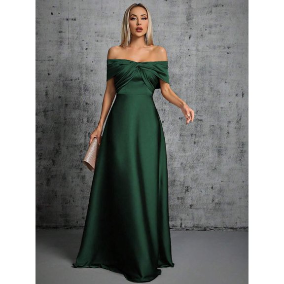 Dark Green Off Shoulder Twist Ruched Satin A-Line Evening Gown Maxi Dress
