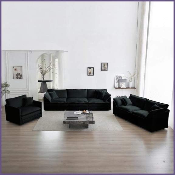 Modern 3-Piece Black Chenille Sectional Sofa Set: Extra Deep Seat for Living Room