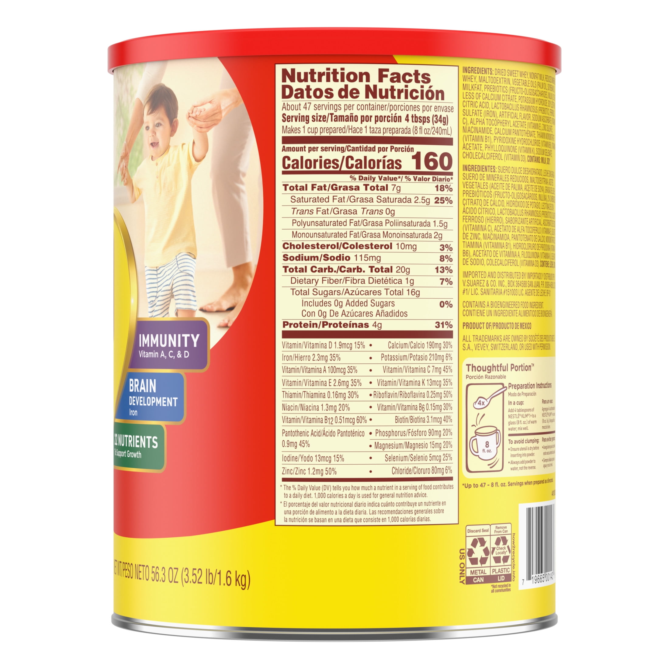 Nestle Klim Kinder 1+ Powder Immunity Probiotic Toddler Milk Beverage Mix Vitamins A, C, D, Iron & Zinc, 56.3 oz Canister